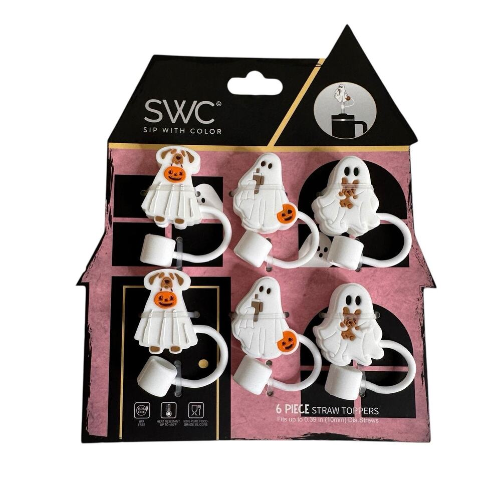 SWC 6 Piece Straw Toppers Ghosts Dogs White Halloween New